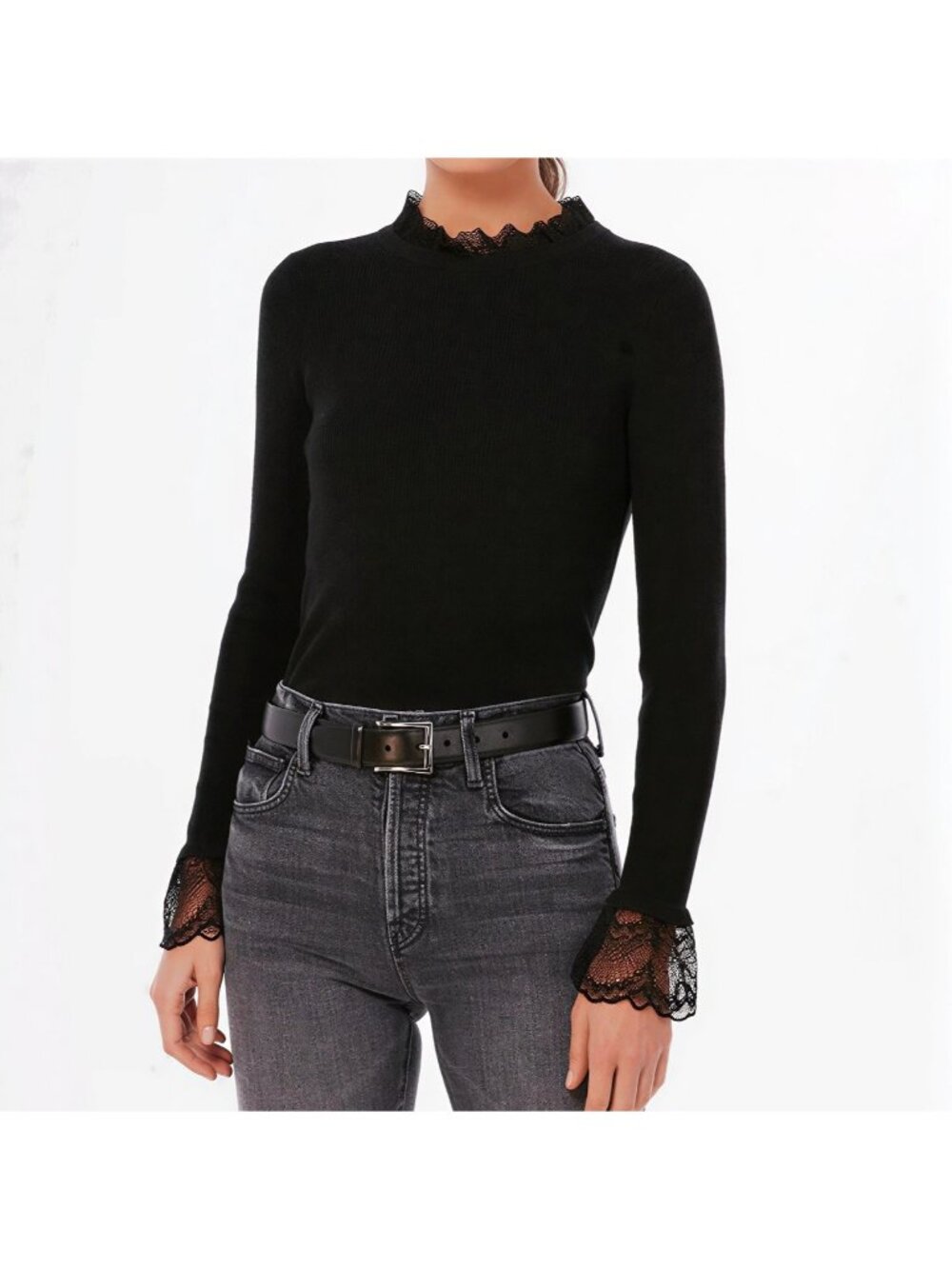 Tuckernuck Black Rosemary Knit Rib Knit Long Lace Sleeve Top Lace Trim size S